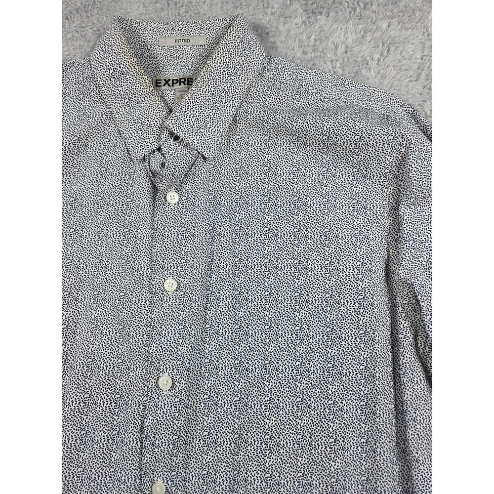 Express Mens Fitted‎ Navy White Micro Leaf Print Button Down Shirt Long Sleeve